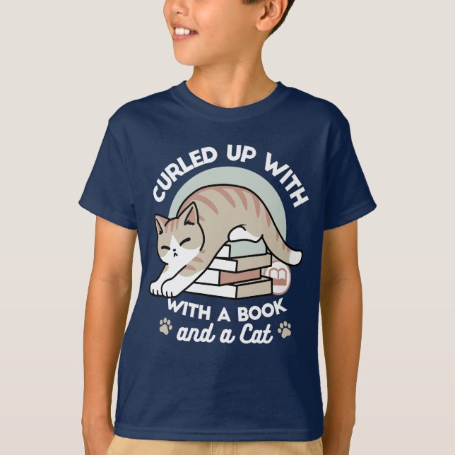 Book Lover Cat Illustration - Curled Up & Cozy T-Shirt (Front)