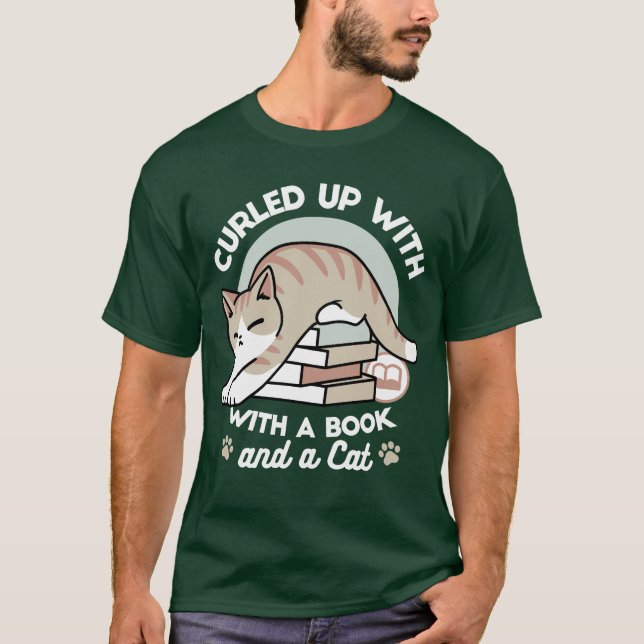 Book Lover Cat Illustration - Curled Up & Cozy T-Shirt (Front)
