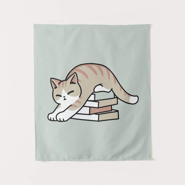 Book Lover Cat Illustration - Curled Up & Cozy Tapestry (Front)