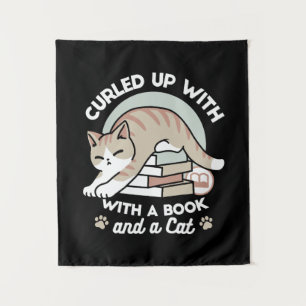 Book Lover Cat Illustration - Curled Up & Cozy Tapestry