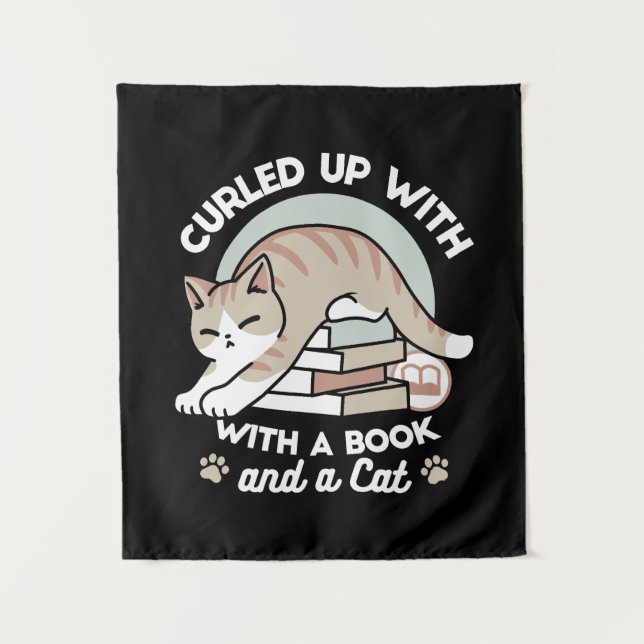 Book Lover Cat Illustration - Curled Up & Cozy Tapestry (Front)