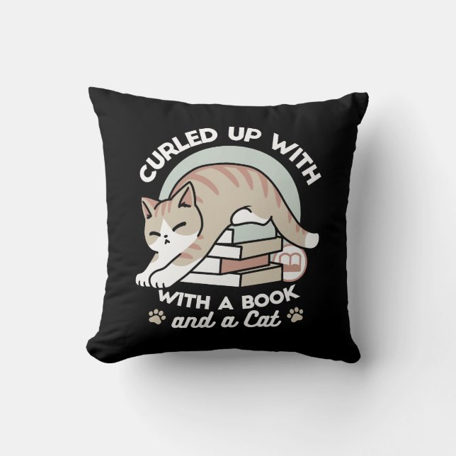Book Lover Cat Illustration - Curled Up & Cozy Throw Pillow (Front)