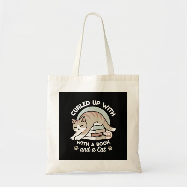 Book Lover Cat Illustration - Curled Up & Cozy Tote Bag (Front)