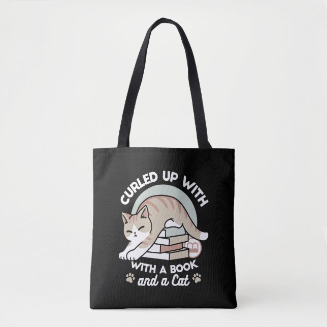 Book Lover Cat Illustration - Curled Up & Cozy Tote Bag (Front)