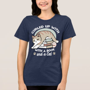 Book Lover Cat Illustration - Curled Up & Cozy Tri-Blend Shirt