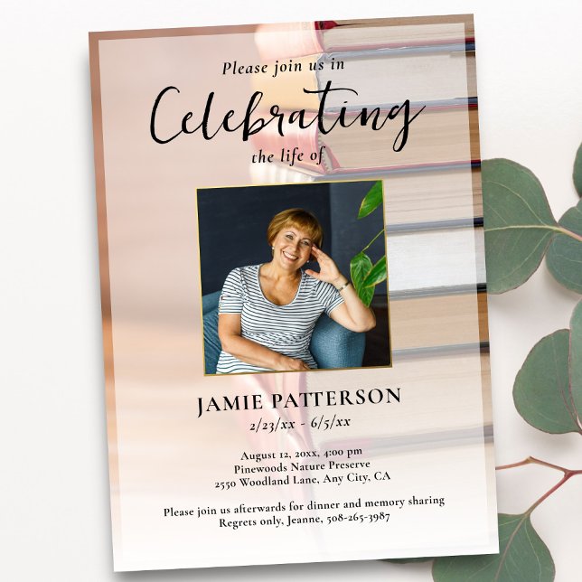 Book Lover Celebration of Life Your Photo Funeral Invitation (Creator Uploaded)