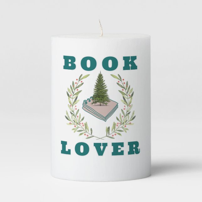 Book Lover Christmas Design Pillar Candle (Front)