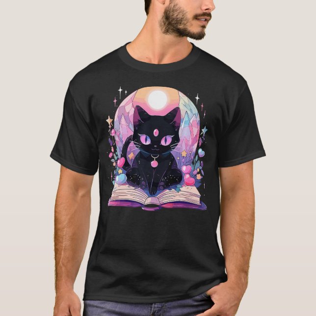 Book Lover Crystal Witchy Cute Black Cat Kawaii Pa T-Shirt (Front)