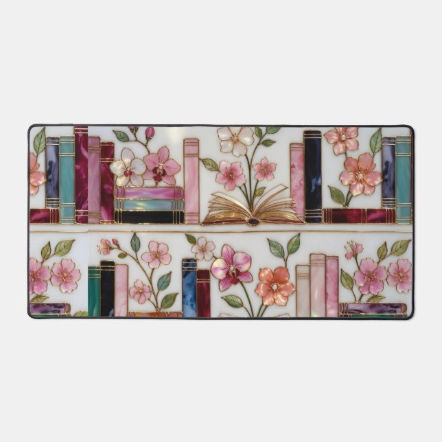 Book Lover Desk Mat | Floral Bookshelf Mouse Pad (Front)