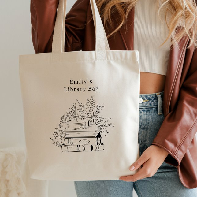 Book Lover Flowers Library Quote Black Typography Tote Bag (Creator Uploaded)