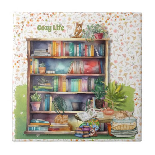 BOOK  LOVER GIFT CAT LOVERS HYGGE LIFE COZY ARTY  CERAMIC TILE