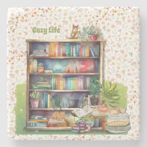 BOOK  LOVER GIFT CAT LOVERS HYGGE LIFE COZY ARTY  STONE COASTER