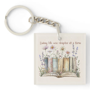 Book Lover Gift with Floral and Book Stack Design Keychain