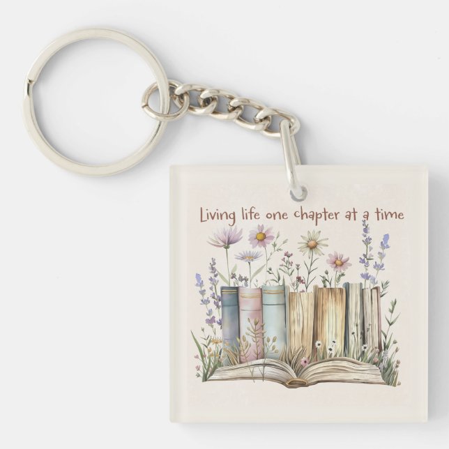 Book Lover Gift with Floral and Book Stack Design Keychain (Front)