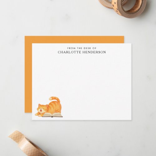 Book Lover Ginger Cat Personalized Note Card