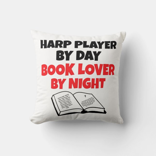 Book Lover Harp Player Throw Pillow (Front)