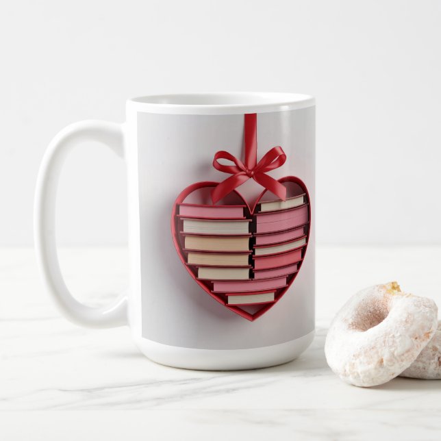Book Lover Red Heart Shaped Gift Box Classic Mug (With Donut)