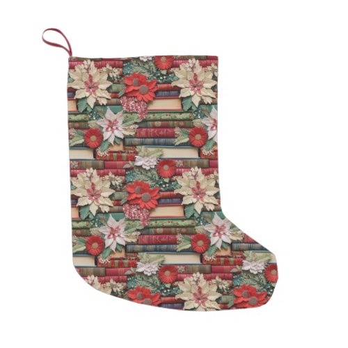 Book Lover Red White Poinsettia Floral Christmas Small Christmas Stocking