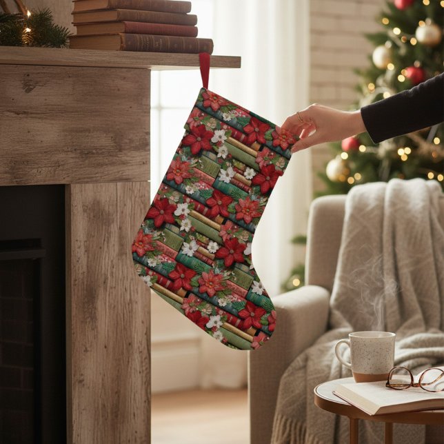 Book Lover Red Winter Floral Christmas Small Christmas Stocking (Creator Uploaded)