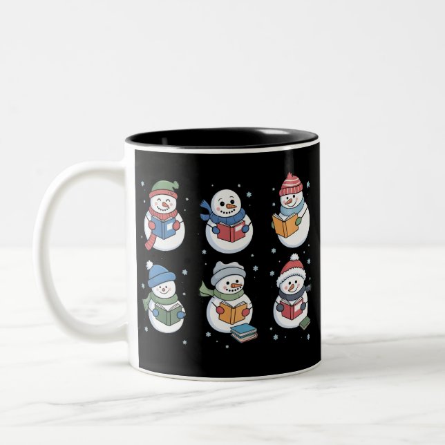 Book Lover Snowman Reading Gift Teacher Winter  Two-Tone Coffee Mug (Left)