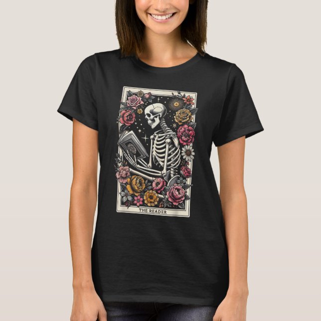 Book Lover The Reader Tarot Card Skeleton Reading T-Shirt (Front)