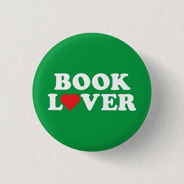 Book Lover White Text with Red Heart Icon Button (Front)