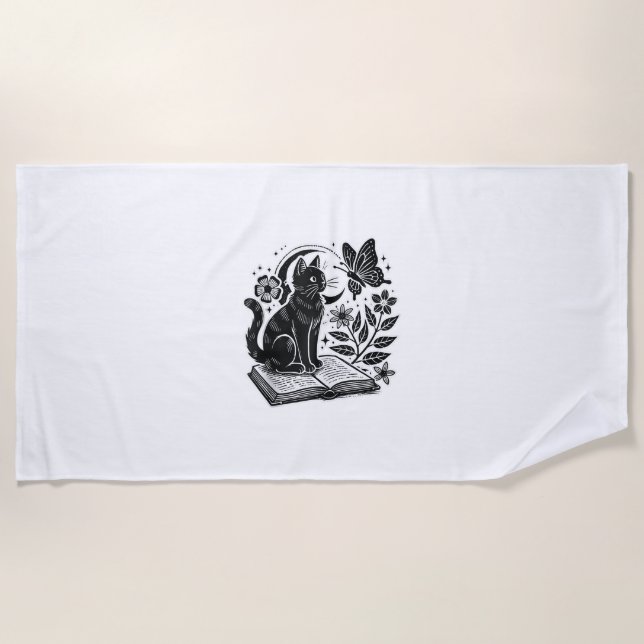 Book Lovers Cat Bookworms Booknerds Halloween Blac Beach Towel (Front)