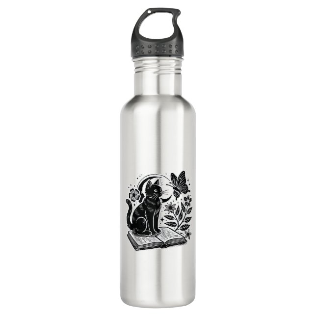 Book Lovers Cat Bookworms Booknerds Halloween Blac Stainless Steel Water Bottle (Front)
