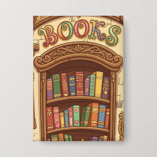 Book Lovers Cute Cartoon Bookshelf Cheerful Colors Button