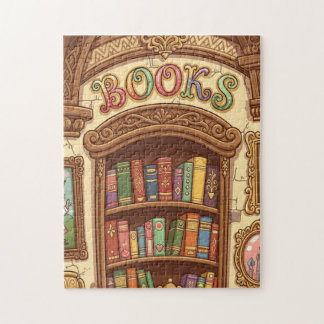 Book Lovers Cute Cartoon Bookshelf Cheerful Colors Jigsaw Puzzle