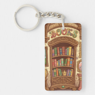 Book Lovers Cute Cartoon Bookshelf Cheerful Colors Keychain
