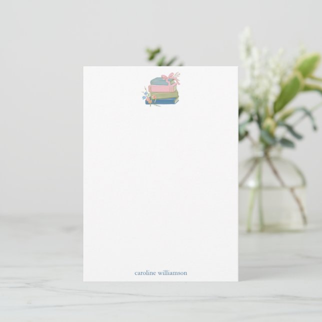 Book Lovers Floral Personalized Name Stationery Note Card (Standing Front)