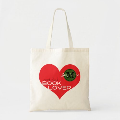 Book Lovers Heart Readers Name Monogram Tote Bag