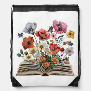 Book Lovers Readers Bibliophiles Flowers Drawstring Bag