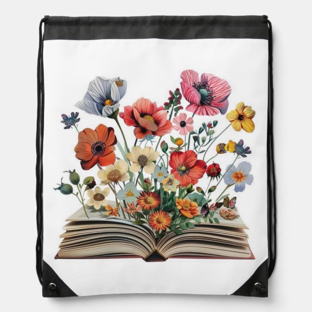 Book Lovers Readers Bibliophiles Flowers  Drawstring Bag (Front)
