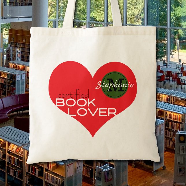 Book Lovers Reader's Name Monogram Heart Budget Tote Bag (Eye-catching book bag for the book lover in your life.  Budget friendly bag.)