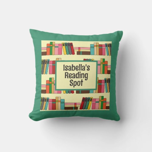 Book Lovers Reading Spot Green Bookshelf Bookish  Throw Pillow