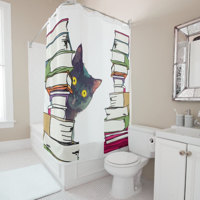 Book Lover's Shower Curtain & Don't Forget the Cat (In Situ)