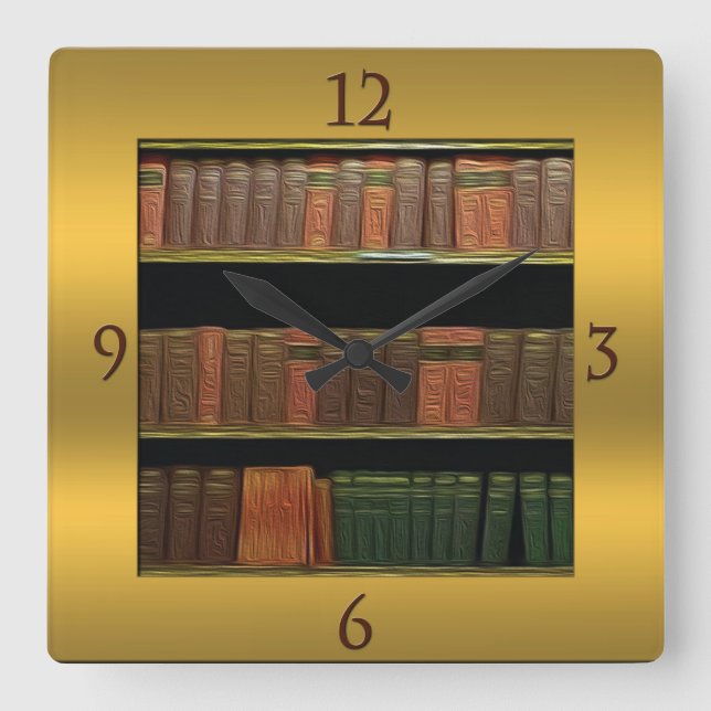 Book Lover's Square Gold Square Wall Clock (Front)