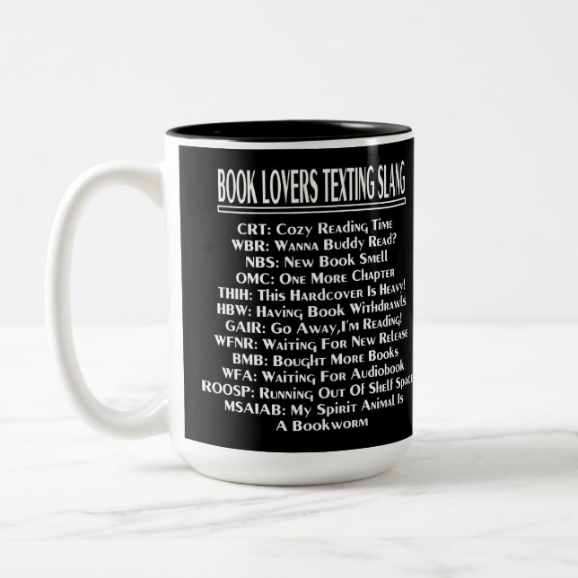 Book Lovers Texting Slang Light Text Two-Tone Coffee Mug (Left)