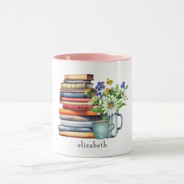 Book Lover's Watercolor Floral Bookstack Custom Mug (Center)