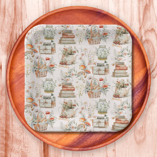 Book Mushroom Floral Whimsical Cottagecore pattern Paper Plates