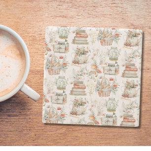 Book Mushroom Floral Whimsical Cottagecore pattern Stone Coaster
