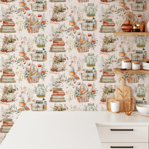 Book Mushroom Floral Whimsical Cottagecore Pattern Wallpaper