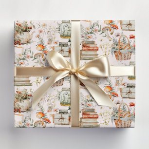 Book Mushroom Floral Whimsical Cottagecore Pattern Wrapping Paper