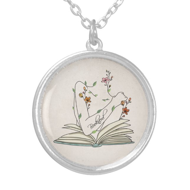 Book nerd arm tattoo wildflowers book pages   silver plated necklace (Front)