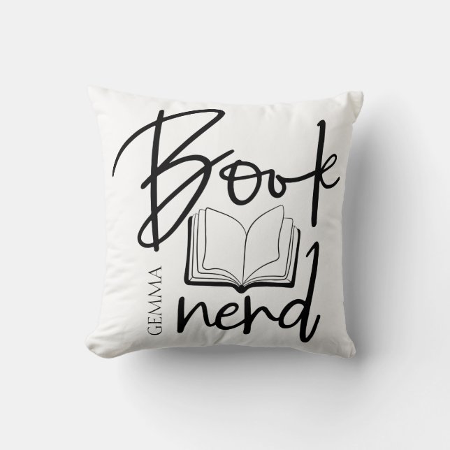 Book Nerd Black Script Funny Book Lover Name Throw Pillow (Front)
