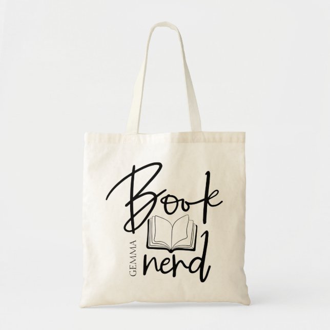 Book Nerd Black Script Funny Book Lover Name Tote Bag (Front)