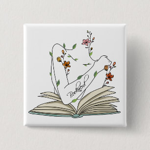 Book nerd delicate wild flowers open book  button