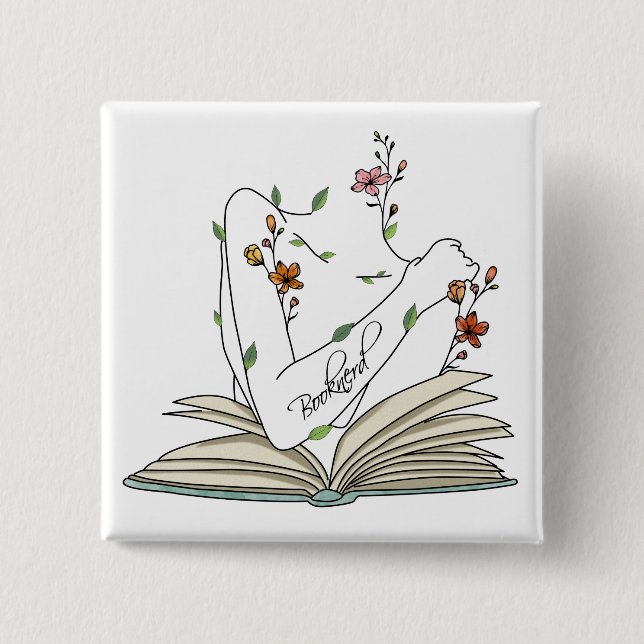 Book nerd delicate wild flowers open book  button (Front)